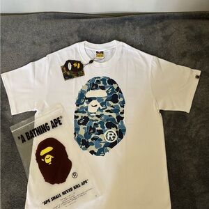 Bape White Tee with Blue Camo Ape Logo